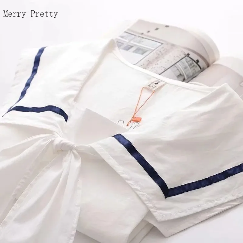 Bombaž, Bele Bluze Za Ženske 2021 Poletje Letnik Dolg Rokav Mornar Ovratnik Srajce Korejske Modne Dame Preppy Stil Kravato Vrhovi