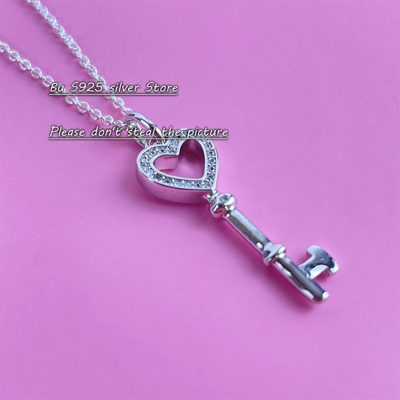 Klasična visoke kakovosti S925 Sterling Srebrni barvi s Diamond Srce Ključ Obesek Ogrlica izviren stil modni nakit darilo