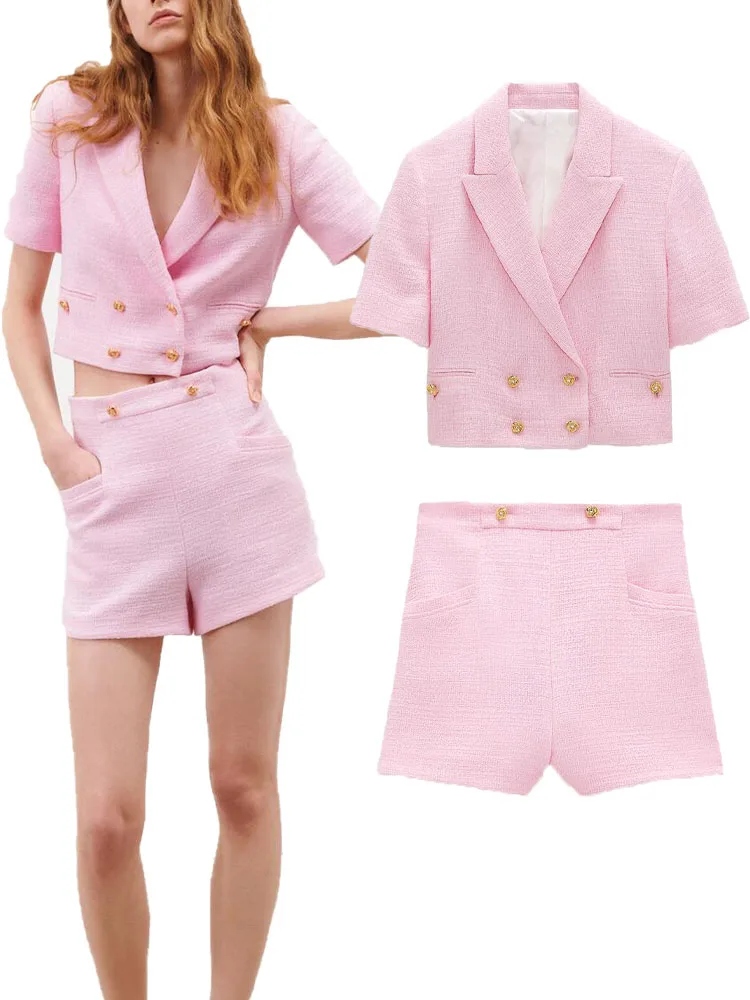 ZA pomlad nove ženske korejski slog preprosto in sladko divje roza kratek suknjič + športna Bermuda hlače obleko, dvodelno,