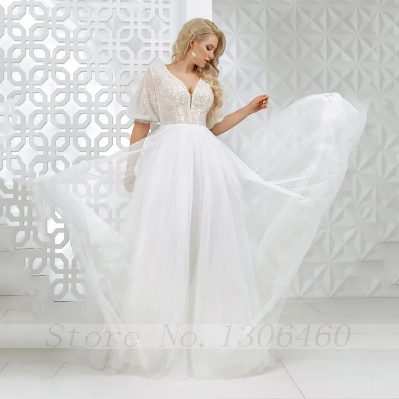 Thinyfull 2020 Elegantno Plus Velikost Poroka Obleke Linije V Vratu Zabuhle Rokav Nevesta Obleke Gumb Čipke Appliques Poročne Obleke