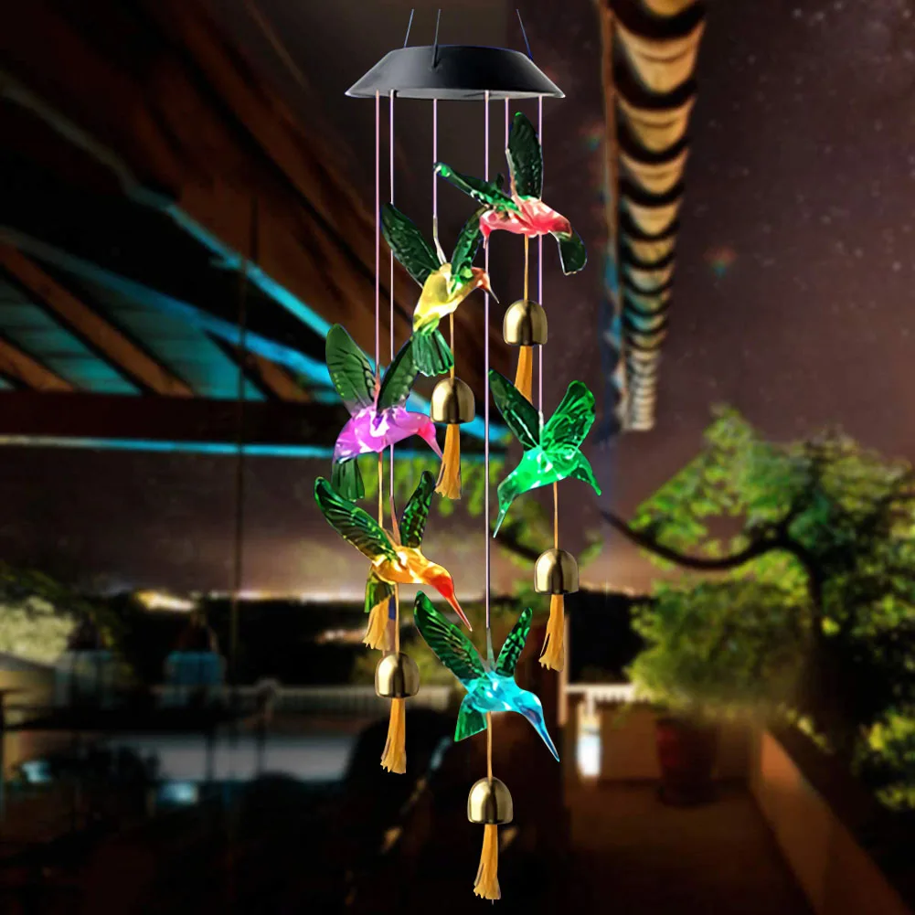 Barvni LED Solar Wind Chime Noč Svetlobe Hummingbird Metulj Nepremočljiva Windchime Lučka za Domov Zunanji Vrt, Dvorišče Dekoracijo