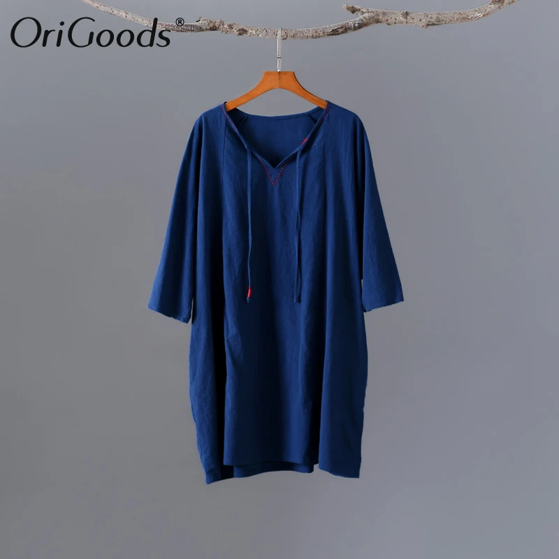 OriGoods Ženske Dolgo Bluzo Kitajski stil Proti-vrat Plus velikost Bluzo Majica Bombaž Perilo Letnik Poletni Bluzo Črno Beli Vrhovi C331