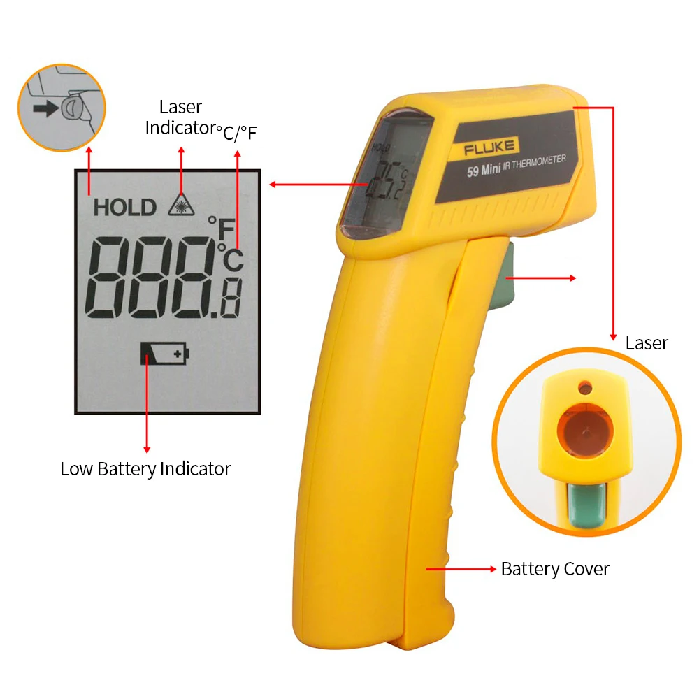 FLUKE 59 Infrardeči Termometer Mini IR Termometer Digitalni Ročni Temperatura Tester 8:1 Laserski Termometer Pištolo Temperature