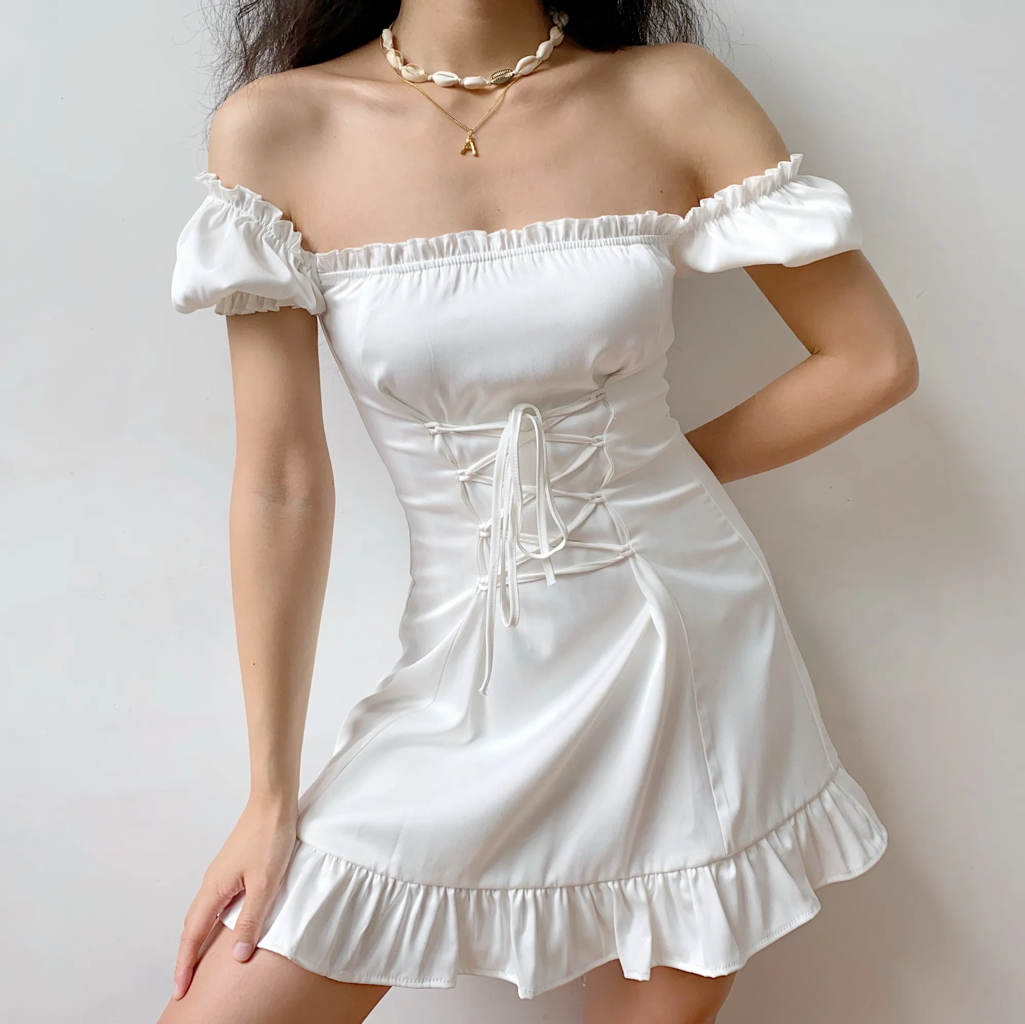 Vintage Elegantne Bele Poletne Obleke Svetlobe Mini Seksi Obleka Ženske Priložnostne Puff Rokav Kvadratnih Ovratnik Lok Bodycon Povoj Party Robe