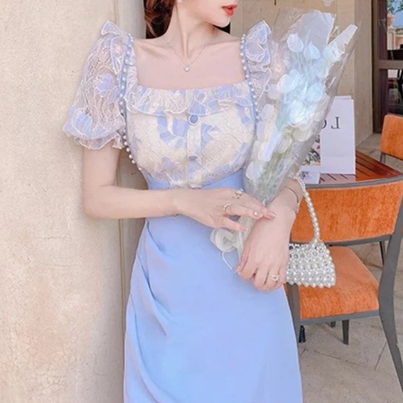 Francoski Letnik Cvetlični Obleko Korejski Kratek Rokav Večer Stranka 2 Delni Komplet Obleka Ženska 2021 Poletje Elegantno Cvet Obleka Ženske