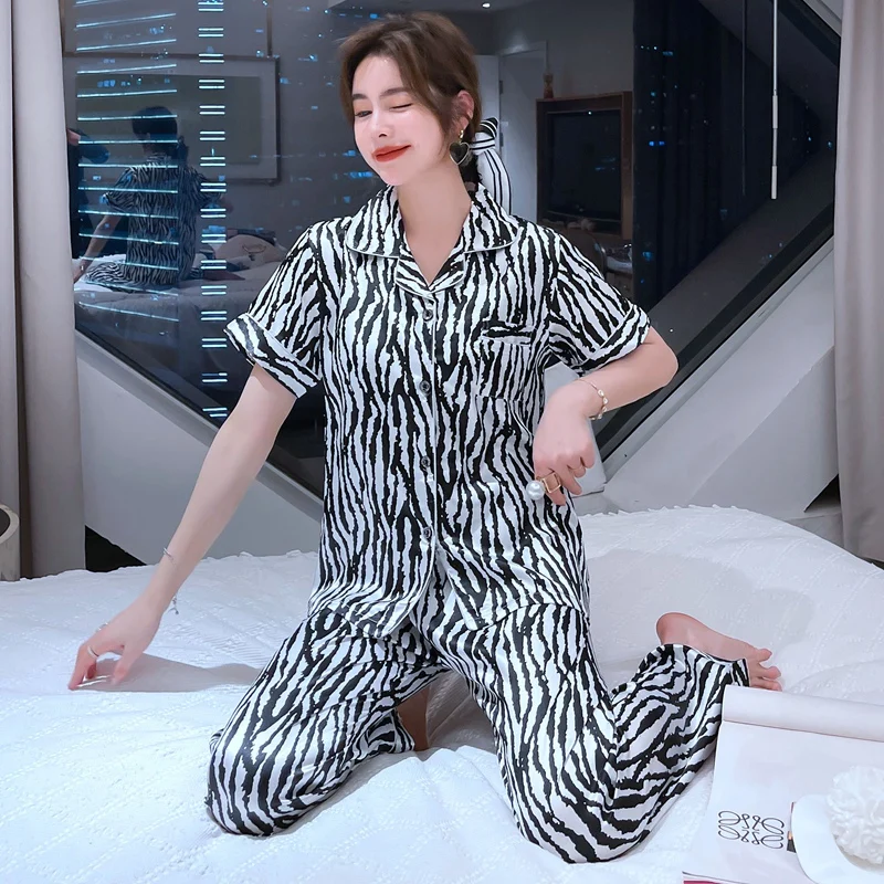 2021 Poletje Kratek Rokav, Dolge Hlače Saten Svila Pajama Kompleti za Ženske, Risanka Zebra Print Sleepwear Homewear Pijama Mujer Oblačila
