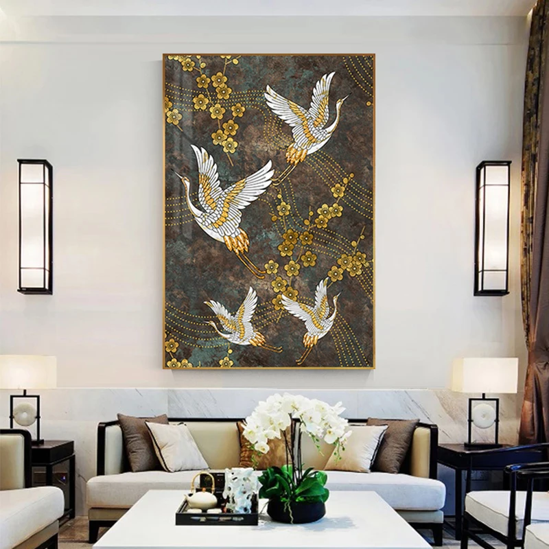 Žerjav Ugoden Oblak Cvet Ptica Zlata Retro Plakat Umetniško Platno Slikarstvo Tiskanje Dnevna Soba Dekoracijo Doma Japonski Freske