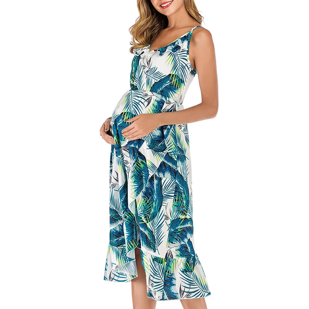 2020 Porodniškega brez Rokavov Poletje Dolgo Obleko Nosečnosti Mešanica Bombaža Tiskanje Cvet Modni Pas Proti-vrat Noseča, Obleke, Oblačila