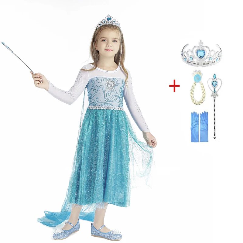 2021 Novo Obleko Dekleta Kopalke Elsa Cosplay Kostume Dolg Rokav Halloween Otrok Obleke Stranka Princesa Otroci Obleke S Krono