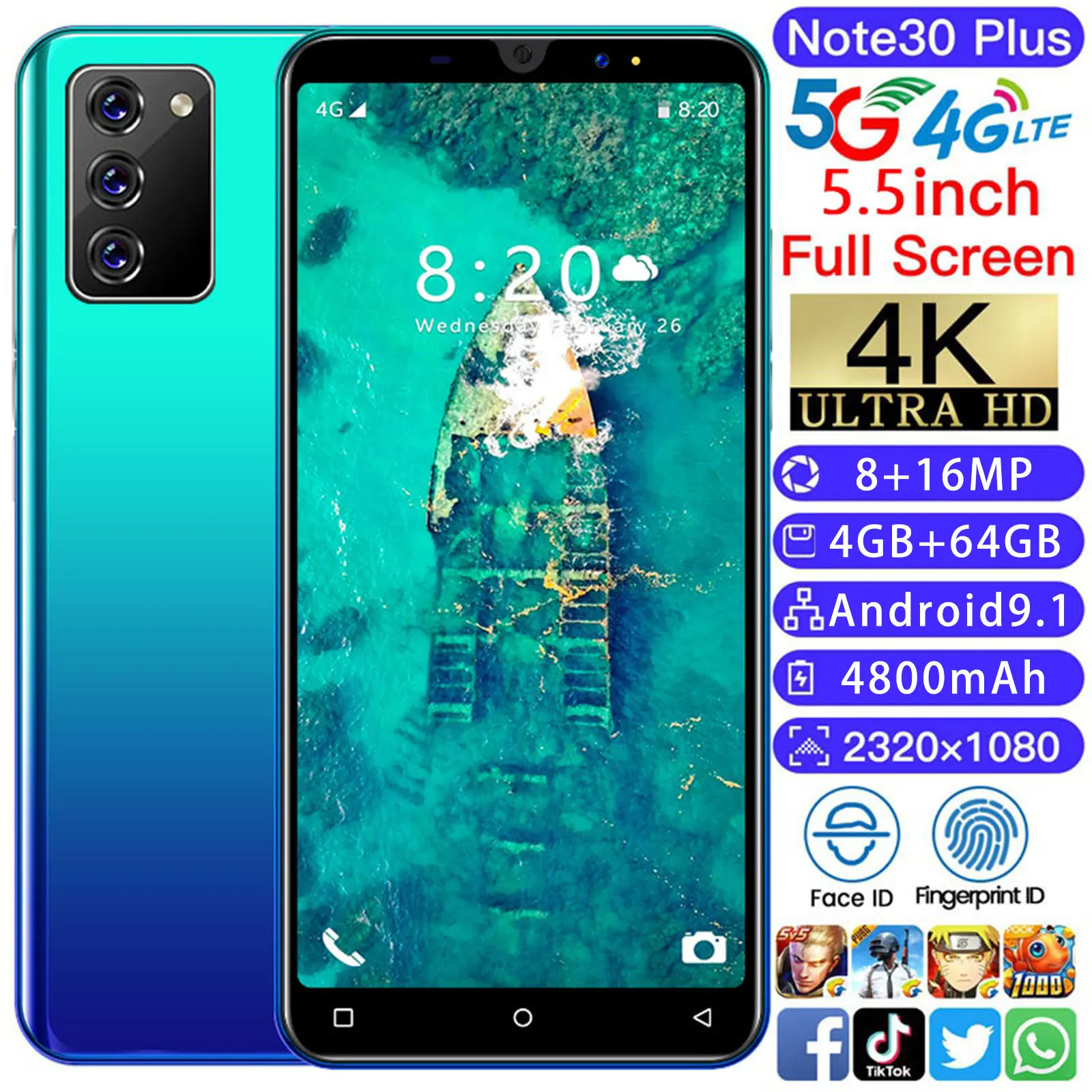 Nov Prihod Opomba 30 Plus 5.5 Palčni Pametni 2021 Globalna Različica 4+64 G 8+16 MP Android 9.1 4800 MAH 5G Obraz ID ID Fringerprint