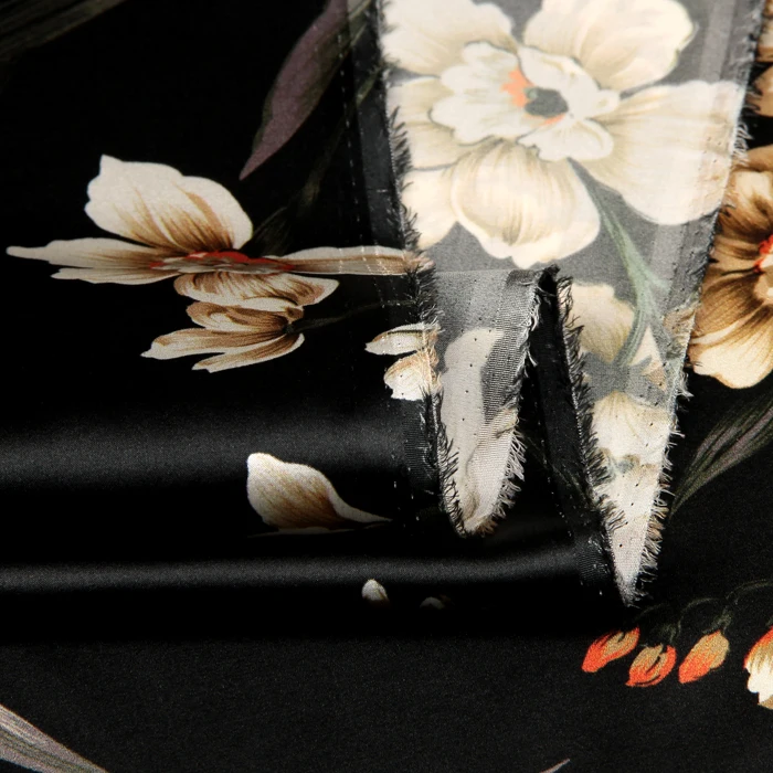 118 cm širok 19 mm 93% svile & 7% spandex oranžna cvetlični črna svila saten tkanine za poletje obleko srajco oblačila suknjič cheongsam