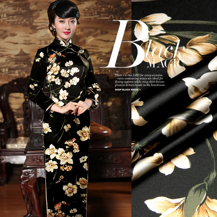 118 cm širok 19 mm 93% svile & 7% spandex oranžna cvetlični črna svila saten tkanine za poletje obleko srajco oblačila suknjič cheongsam