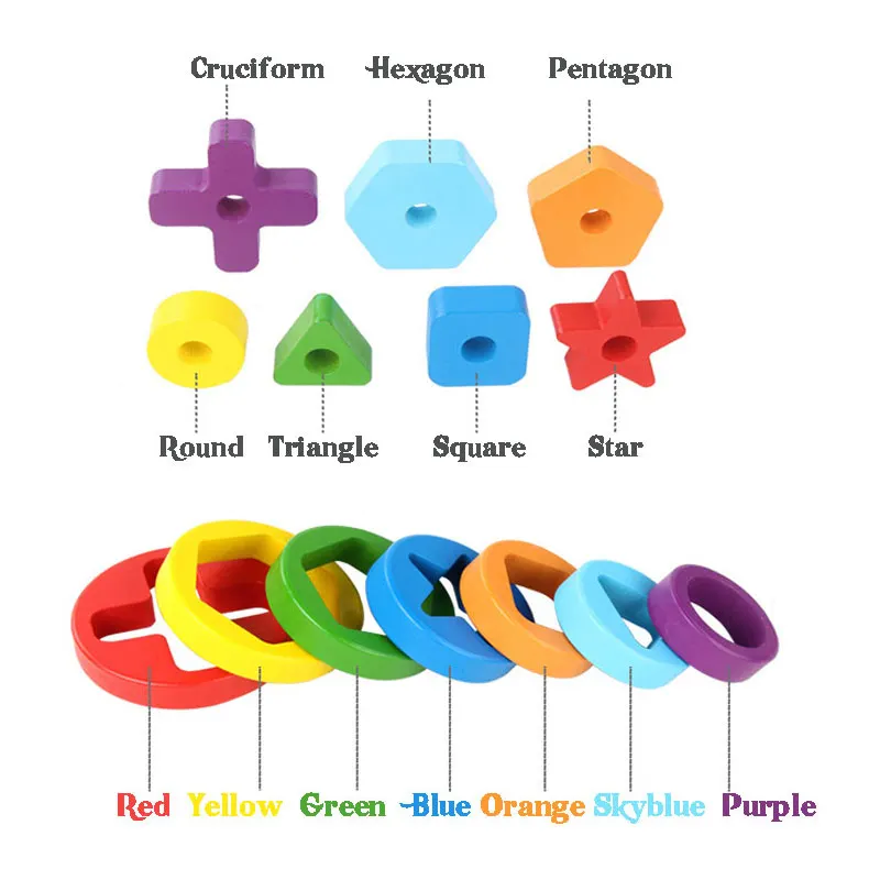 Lesene mavrica zlaganje obroč stolp igra montessori Izobraževalne Igrače Za Otroke obliko ujemanje igro otroci barve Spoznavanja igrača