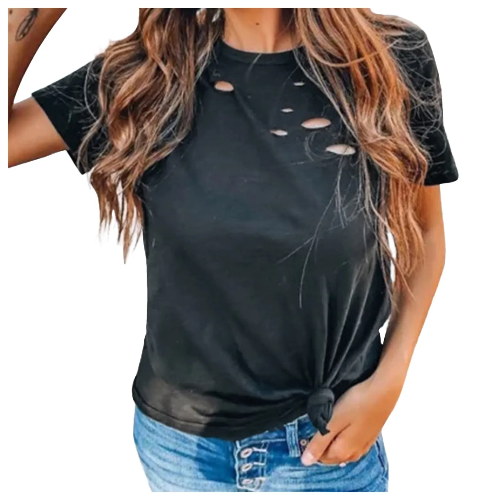 Majica Femme Grafični Majice s kratkimi rokavi Ženske okoli Vratu Črna majica s kratkimi rokavi Pulover Luknjo Svoboden Priložnostne Barva Tee Vrhovi Camisas De Mujer