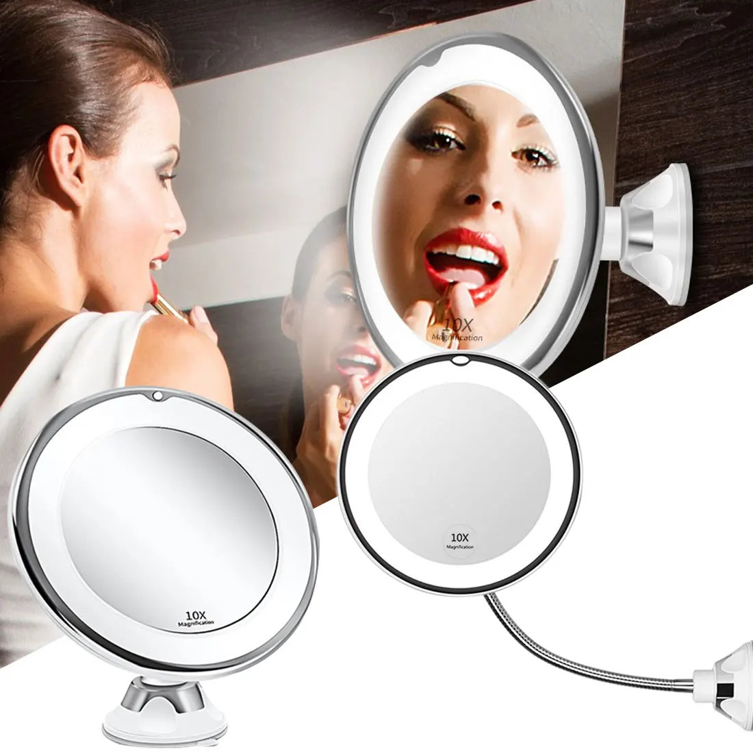 360 Stopinj Rotacija, 10X LED Ličila Ogledalo Nečimrnosti Ogledalo Svetlo Make up Ogledalo Led Miroir Grossissant Povečevalno Kozmetično Ogledalo