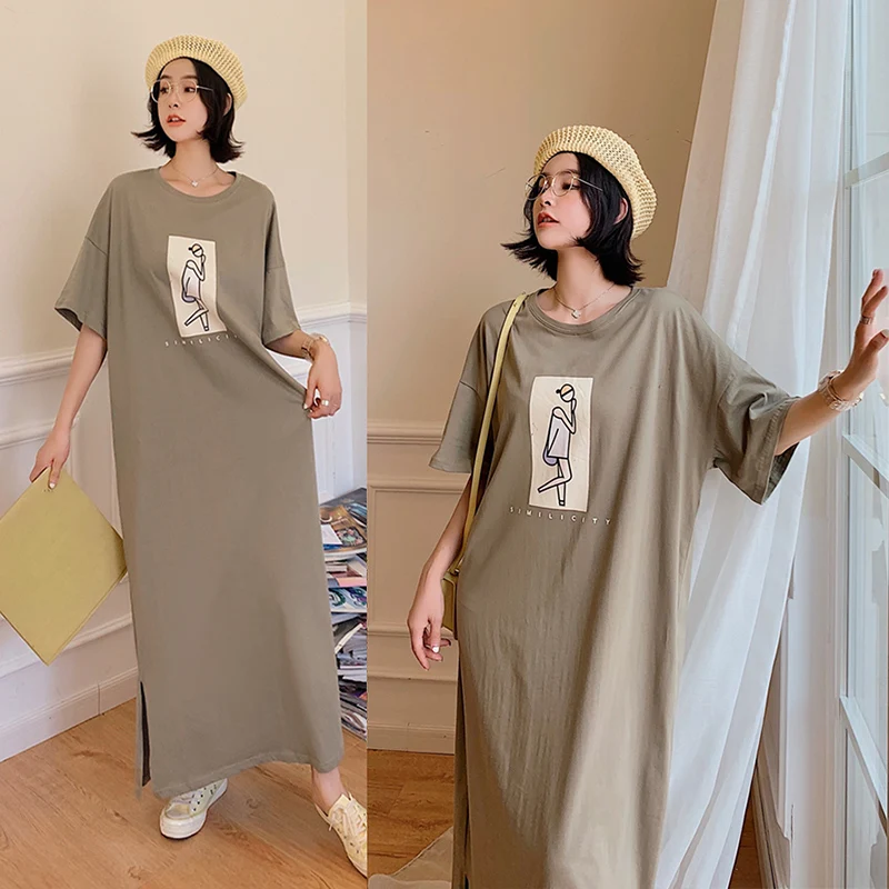 Poletje Obleko Korejski Moda Split Bombaž Krog Vratu Kratek Rokav Svoboden Priložnostne Vestidos Dolga Obleka Ženske Elegantna Oblačila 2021