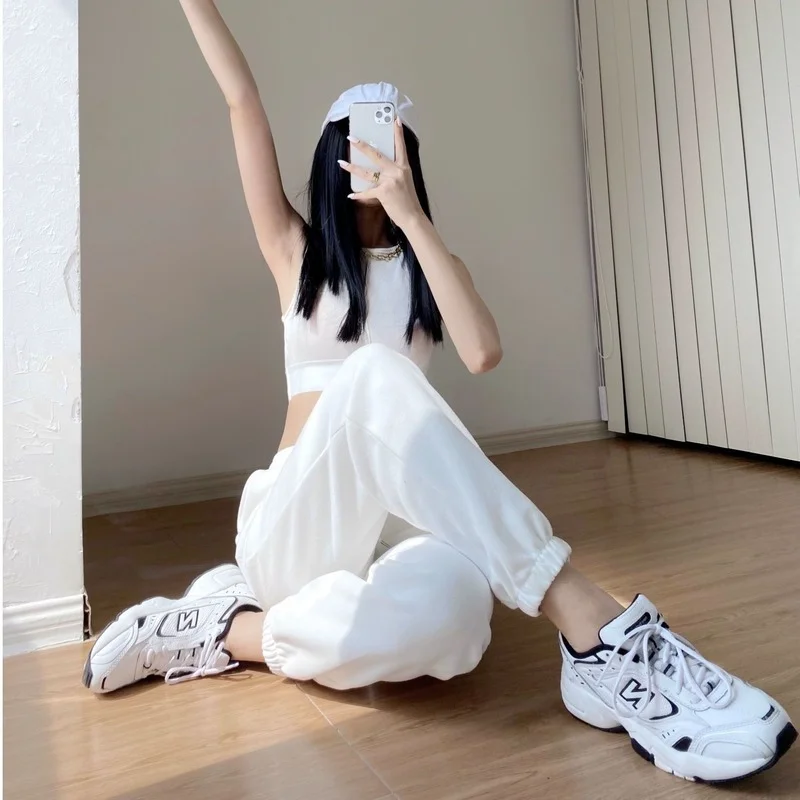 Ženske Harajuku Sivo Joggers Sweatpants Ženske Vrečasta Korejski Moda Prevelik Tek Športne Hlače, Belo, Široko Noge Hlače Ženske