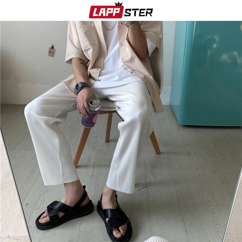 LAPPSTER Moške Naravnost Harajuku korejski Moda Harem Hlače 2021 Mens Ledu Svile Ulične Sweatpants Moški Širok Noge Vrečasta Joggers