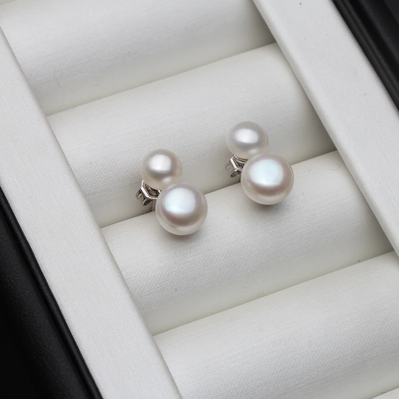 Moda Naravnih Sladkovodnih bela Multi kroglice Pearl Stud Uhan dvojno pearlsJewelry Za Ženske poročno darilo