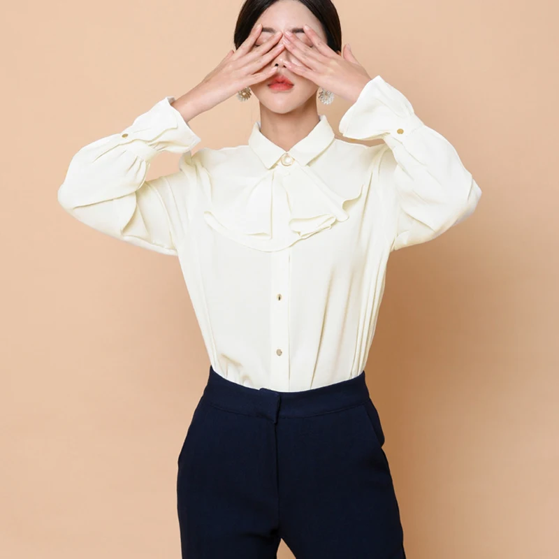 Nov prihod moda korejskem slogu pomlad bluzo ženske OL priložnostne temperament sladko belo lok flare rokav ruffle svoboden top majica