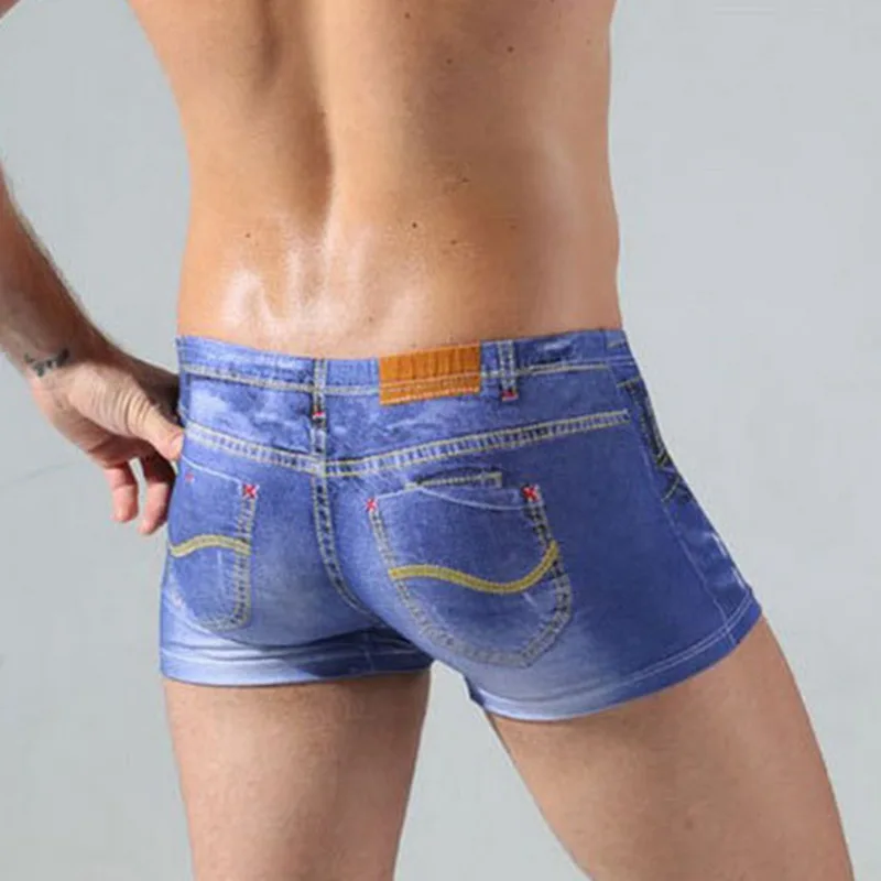 Moški natisnjeni Denim kratke spodnje hlače poleti moški bombaž seksi spodnje perilo U konveksna torbica boksarice perilo calzoncillo