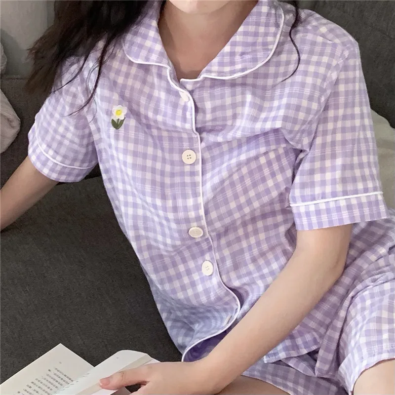 Vijolična vezenje poletje pajama nastavite ženske poletje loungewear kariran bluze vrhovi pijamas hlače doma obleko dekleta sleepwear Y716