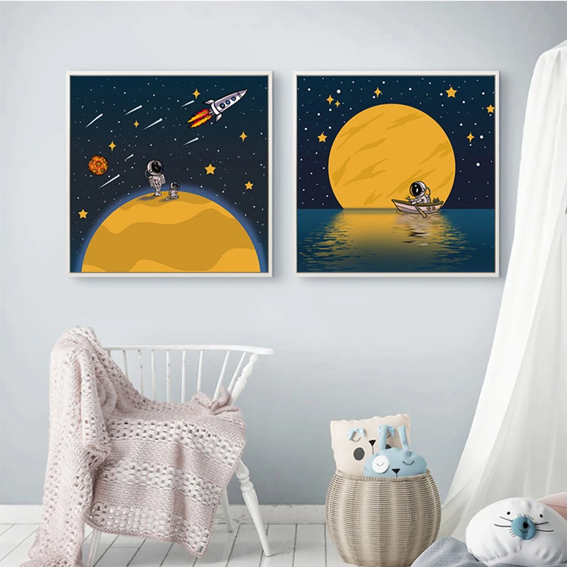 Risanka Astronavt Potuje V Prostor, Platno, Tisk Slikarstvo Fant Spalnica Wall Art Dekor Plakat Nordijska Sliko za Otroško Sobo Zidana
