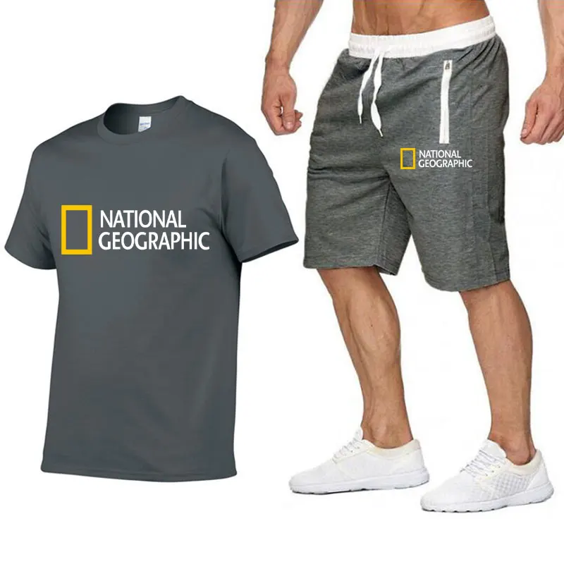 Poletni Prosti čas National Geographic blagovne znamke Moških je iz Trenirko Šport Trenirke Moški Sweatsuit Kratkimi Rokavi T shirt 2 kos