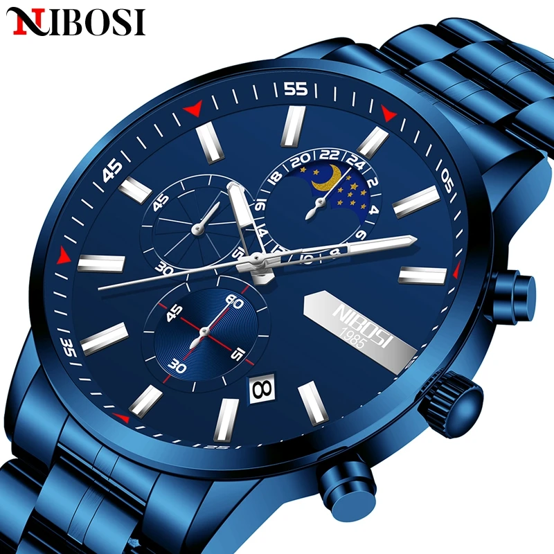 NIBOSI 2021 Luksuzni Modra Moških Watch Športni Kronograf Nepremočljiva Mens Ure Quartz uro Moških Polno Jeklenih Zapestne Ure Ura