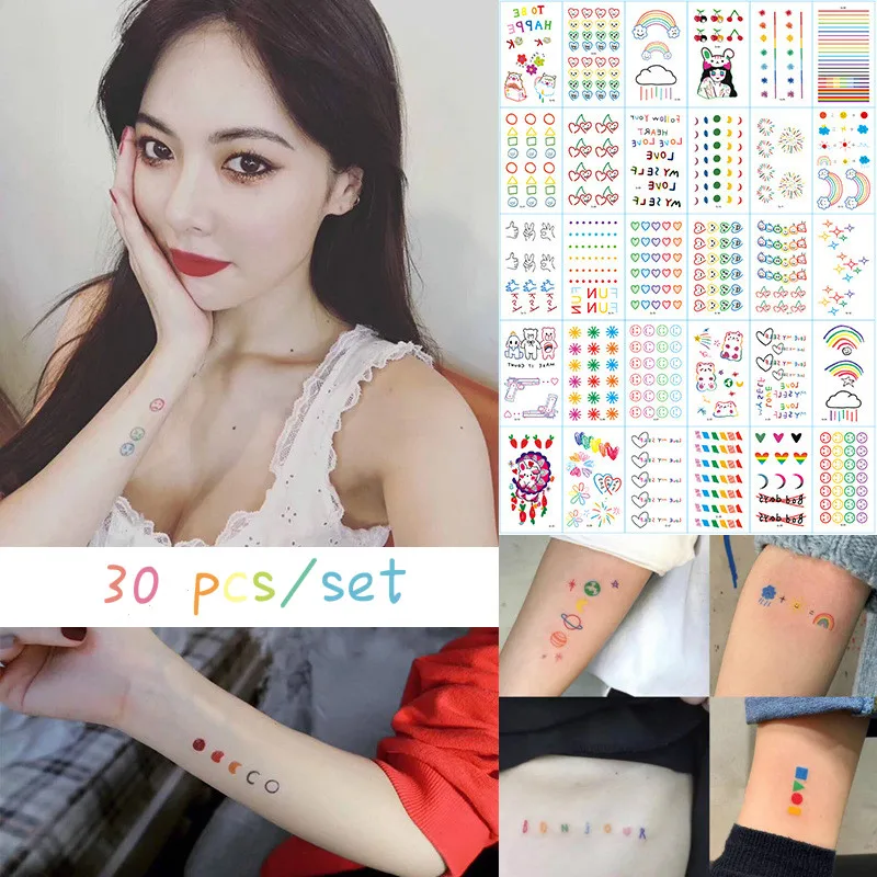 30pcs Ins Serije Pisane Mavrice Izraz Tattoo Nalepke Obraz Lep Body Art Ponaredek Začasno Nepremočljiva Tatoo za Otroke, Ženske