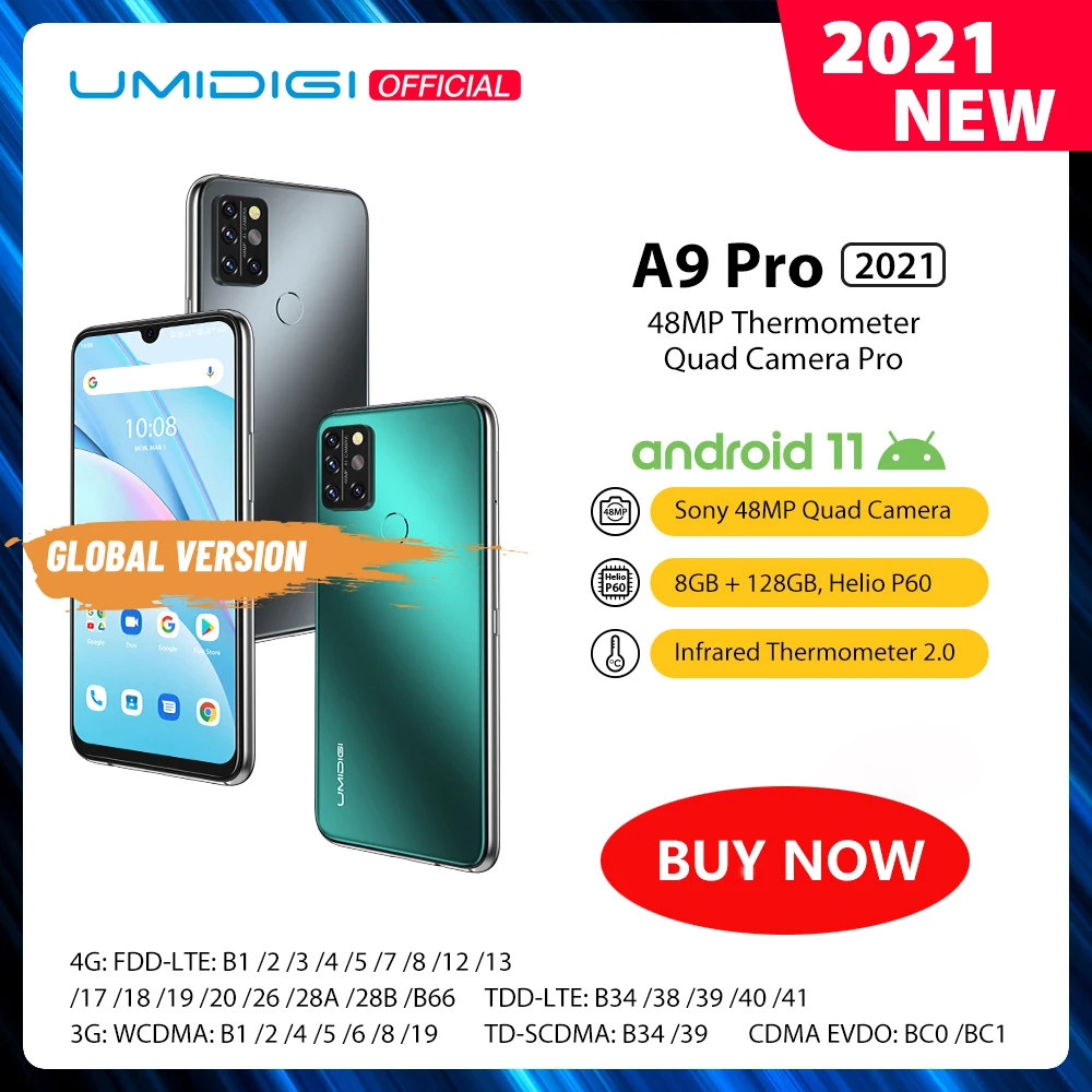 2021 UMIDIGI A9 Pro Android 11 RAM 8GB 128GB Samrtphone 48MP AI Matrike Quad Fotoaparat Helio P60 Jedro Octa 6.3