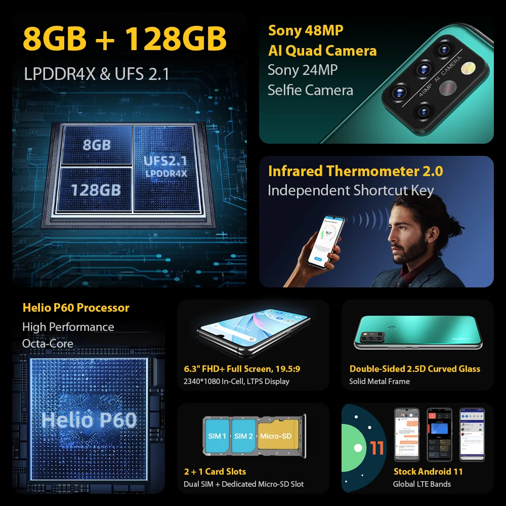 2021 UMIDIGI A9 Pro Android 11 RAM 8GB 128GB Samrtphone 48MP AI Matrike Quad Fotoaparat Helio P60 Jedro Octa 6.3
