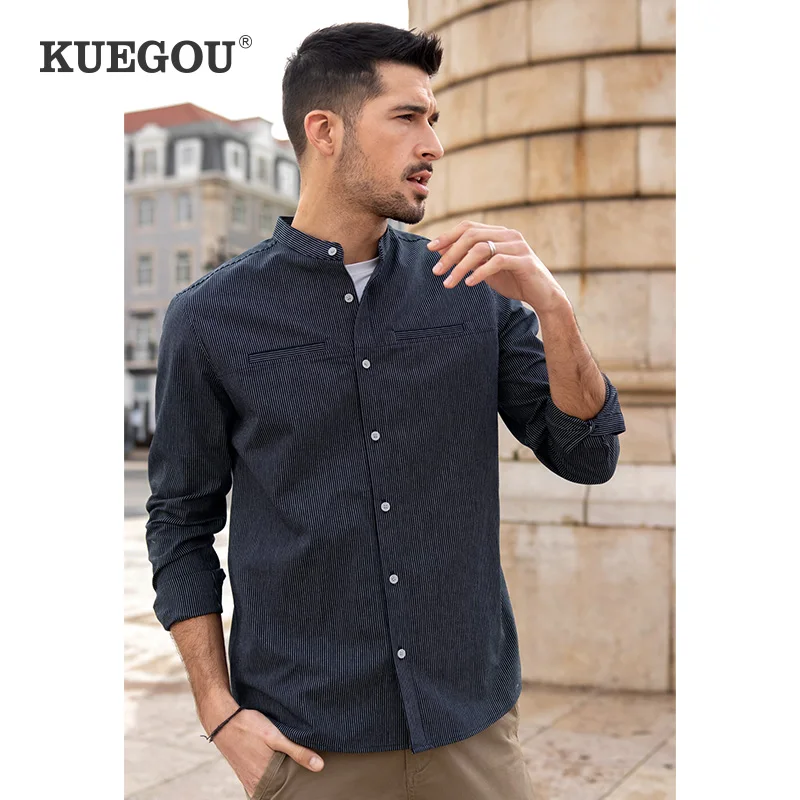 KUEGOU Pomlad Camisa Masculina Bombaža moška majica Dolg rokav Moda Modro Črtasto srajce Top Plus Velikost BC-20531