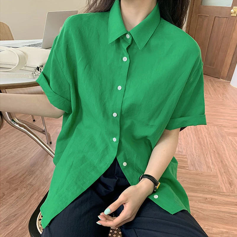 Kimotimo Zeleni Gumb Gor Majice Ženske Korejski Preprostost Znižuj Ovratnik Svoboden Dame Vrhovi Poletje Priložnostne Kratek Rokav Bluzo
