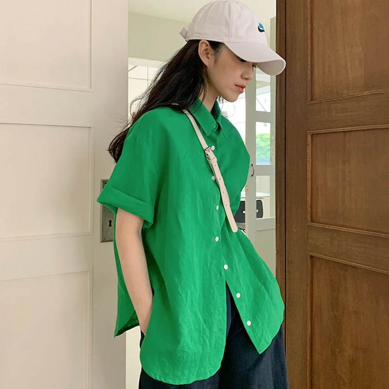 Kimotimo Zeleni Gumb Gor Majice Ženske Korejski Preprostost Znižuj Ovratnik Svoboden Dame Vrhovi Poletje Priložnostne Kratek Rokav Bluzo