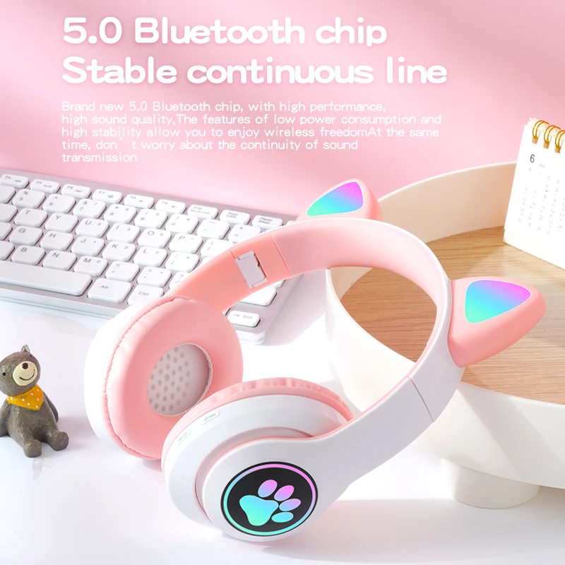 Bliskavico LED Luštna Mačka Ušesa Bluetooth Slušalke Fant Dekle Glasbo Brezžično Čelada TF Kartice Gaming Slušalke Z Mikrofonom Telefonske Slušalke Darilo