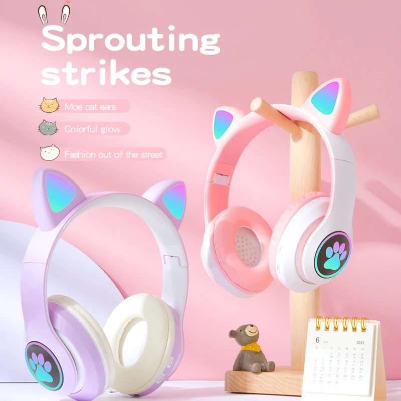 Bliskavico LED Luštna Mačka Ušesa Bluetooth Slušalke Fant Dekle Glasbo Brezžično Čelada TF Kartice Gaming Slušalke Z Mikrofonom Telefonske Slušalke Darilo