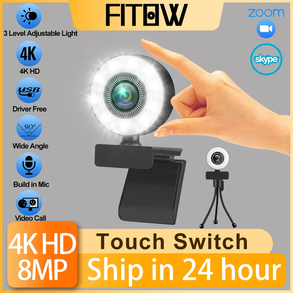 Taida 1080P 2K 4K HD Webcam z Obroč Fill Light Prenosni računalnik PC Računalnik Živo Videoposnetkov Fotoaparata, Spletna Kamera Mikrofon Web Cam