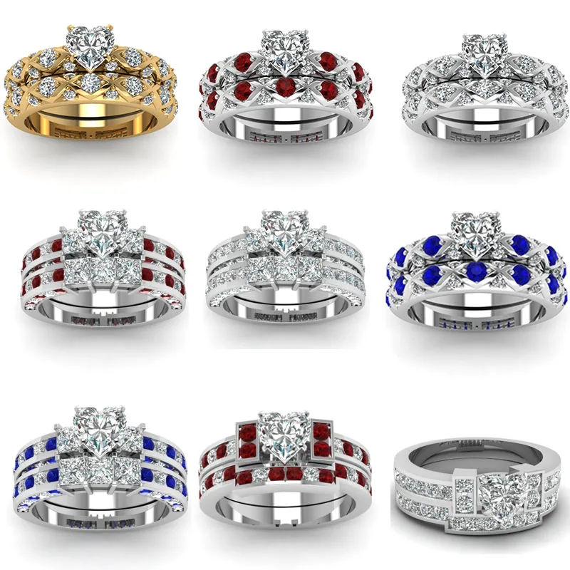 Ofertas Klasičnih Mešani Slog Luksuznih Ženskih Kristalno Modro Rdeče Zlato Barvo Srce Cirkon Ring Set Za Ženske Poroka Poročni Nakit