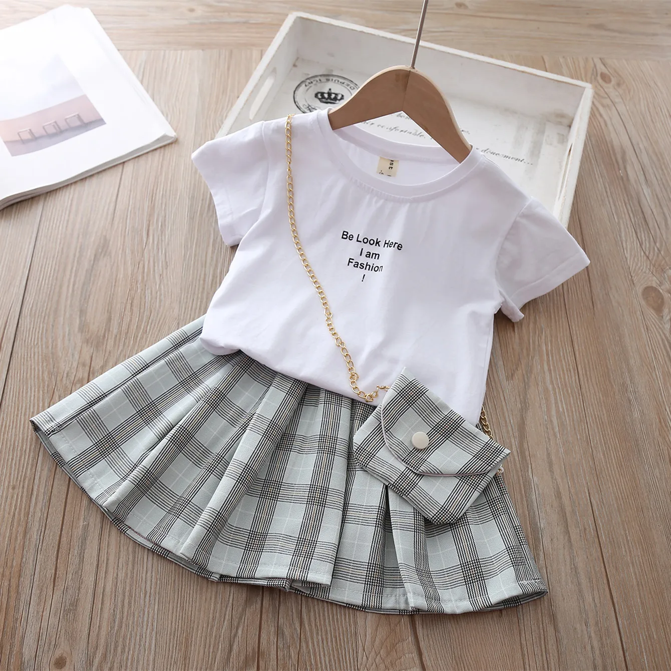 Deklice obleko poletje nov slog Britanski stil krilo obleko obleko, dvodelno vrečko verige otroci dekliška oblačila