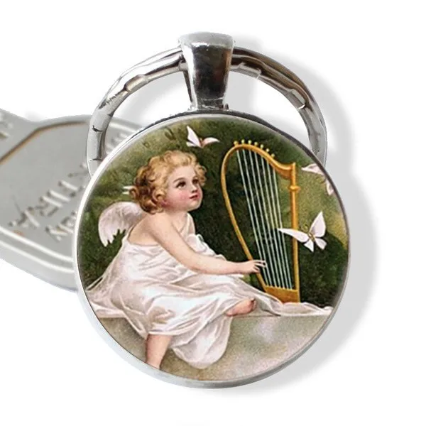 Nova Moda Angel in Harfo Art Foto Stekla Chrysoprase Obesek Keychain Key Ring Vrečko Avto Ključnih Verige Imetnik Keychains Čare Darilo