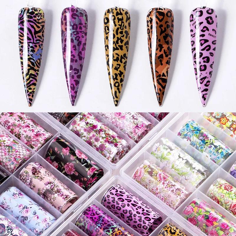 10 Listov Leopard Tiskanja Cvet Folijo Prenos Nalepke Nalepke za Ženske, Dekleta DIY Nail Art Okras 100*4 cm