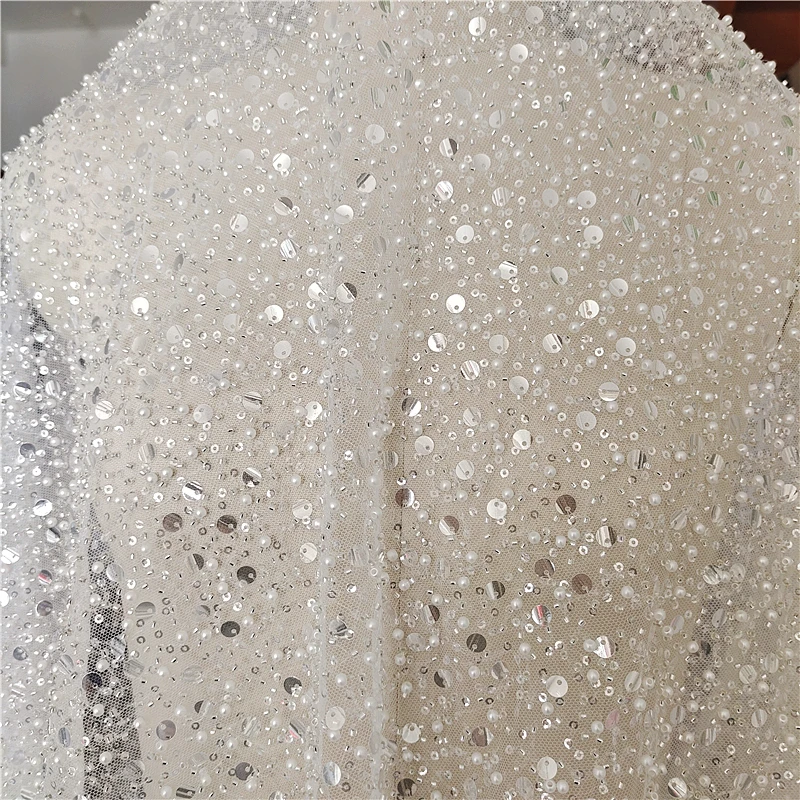 Nove Kroglice Sequins Pearl TEŽKA Tkanine, Čipke Luksuzni Večerno Obleko francoski Čipke Srebrna Bela V3000