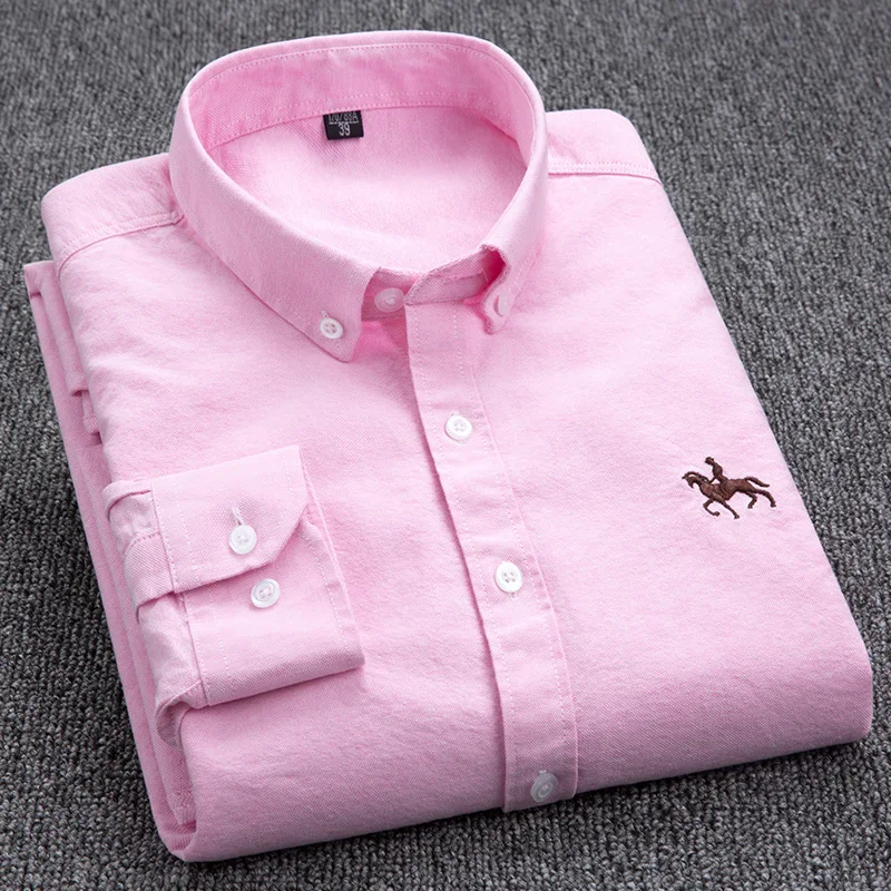2021 Nova Moda za Moške Bombažno Majico Barva Roza Bela Mens Dolg Rokav Vezenje Majica Poslovnih Športna Oblačila