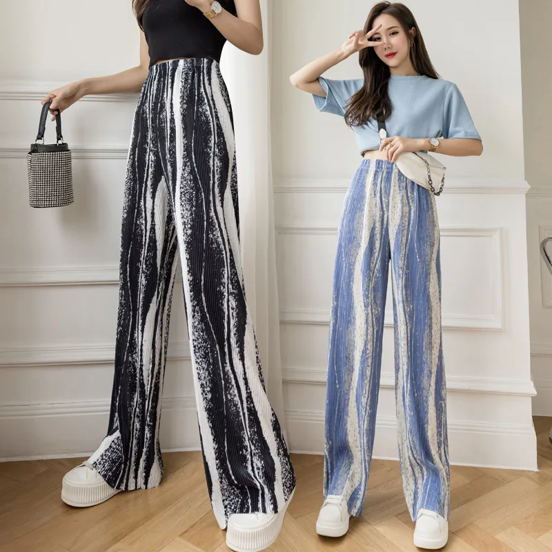 Nove korejske Modne Ženske Poletje Tiskanje Širok Noge Hlače Visoko Elastični Pas Tie Dye Plus Velikost Hlače Pantalones De Mujer
