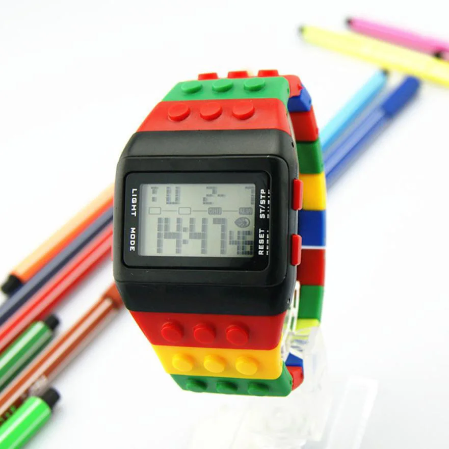 LED Digitalni Zapestne Ure za Otroke ure Fantje Dekleta Unisex Pisane Elektronske Šport ura za Lego watch buildinng