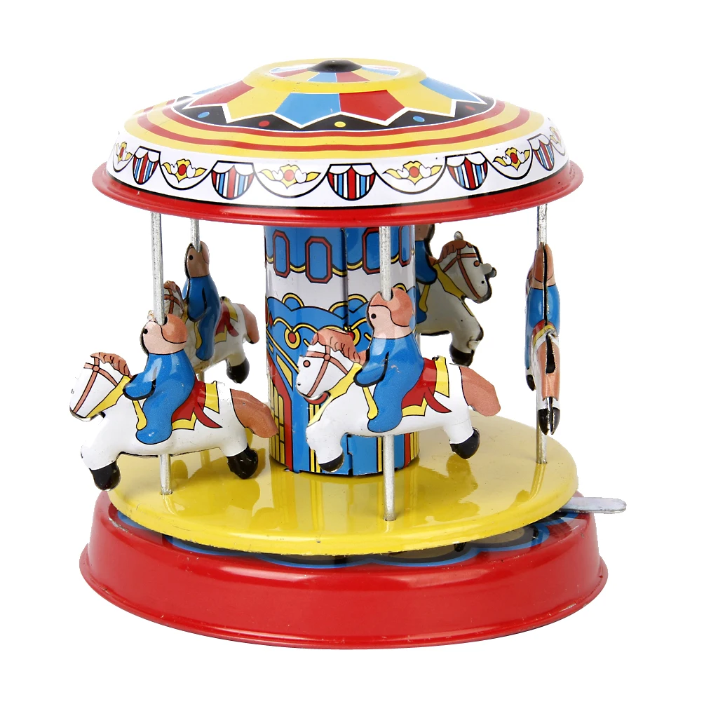 Vintage PREDENJE Konj Vrtiljaka Sejemske Veselo vrtijo okoli Klasičnih Veter Igrače Tin Toy Otroci Otrok Darilo