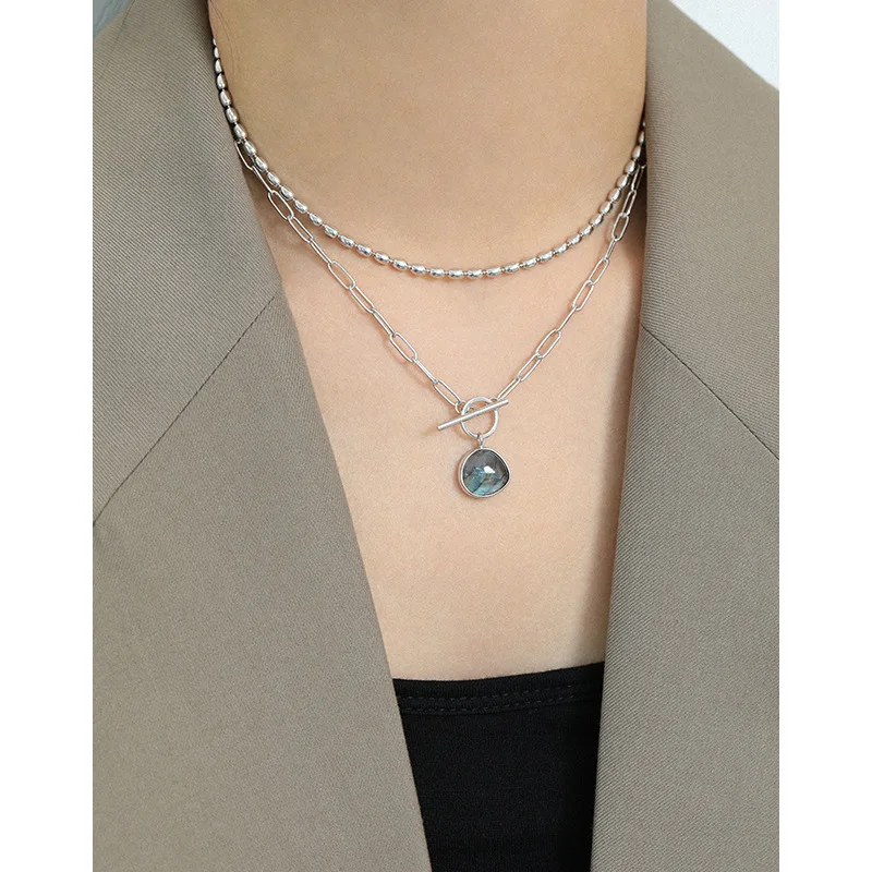 Korejski ins nišo oblikovanje svetlobe luksuzni OT sponke labradorite S925 sterling srebrna ogrlica za ženske ženski darilni nova moda