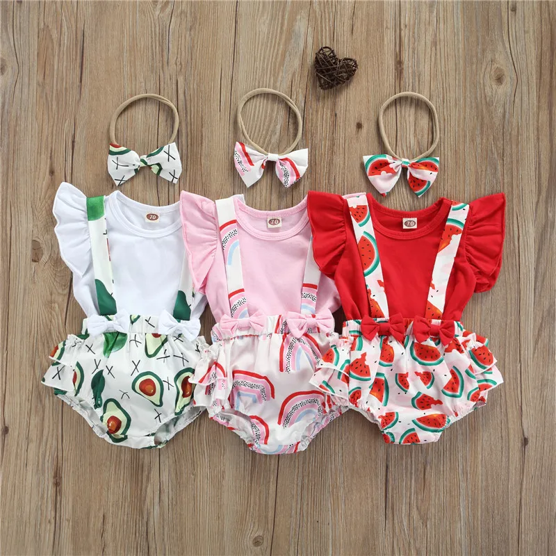 2021 Baby Girl\u2019s Priložnostne Obleko Sveže Letenje Rokav Romper Tiskanja Suspender Hlače Glavo Otroka Kompleti Oblačil