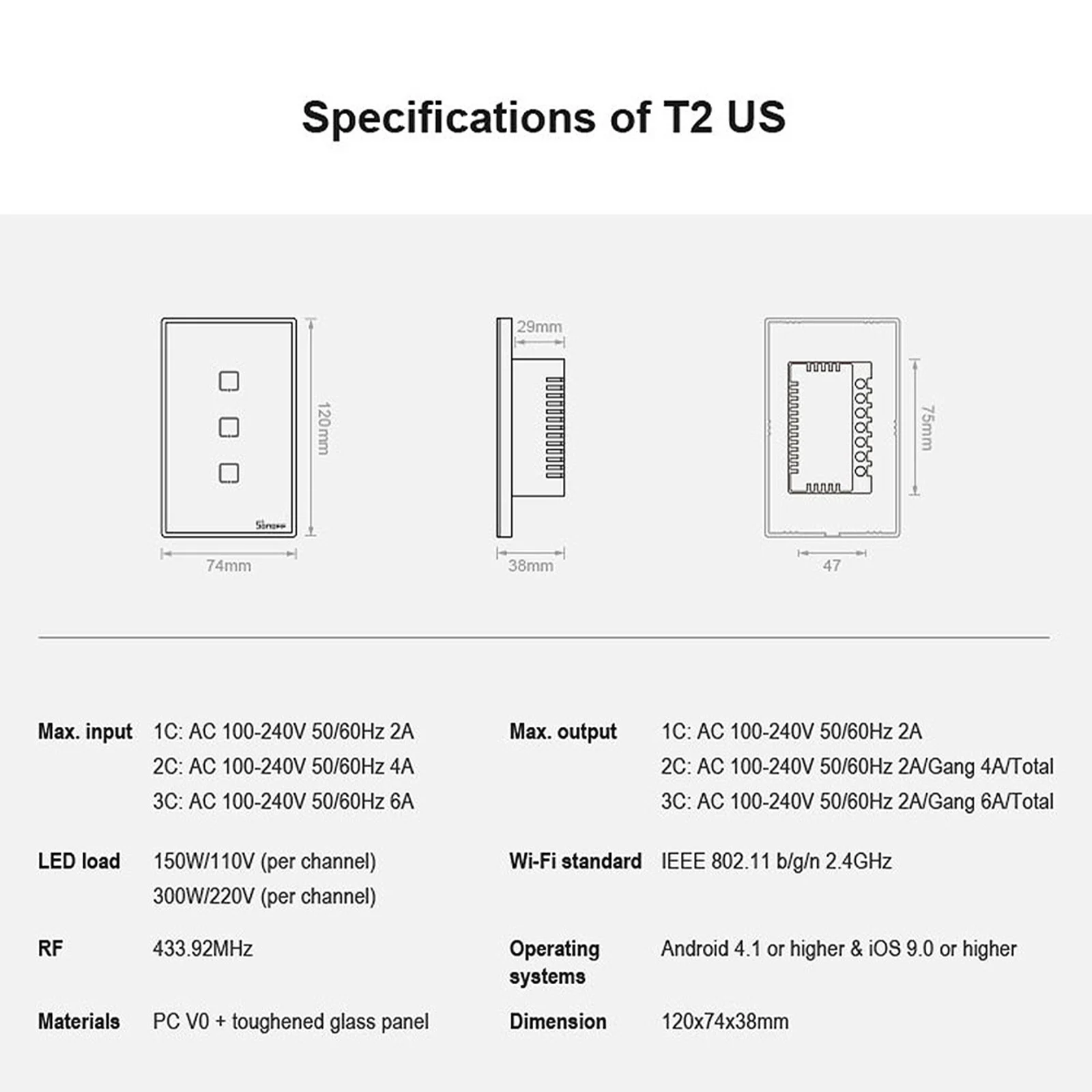 SONOFF T2US3C-TX Smart WiFi Stenska Stikala za Luč 433MHz RF Daljinski upravljalnik APP/Touch Kontrole Časovnik NAM Standardne Plošče Smart Stikalo